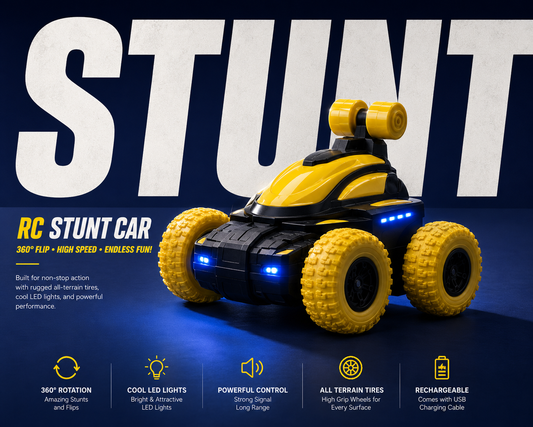 Premium 360° Flip RC Stunt Car with LED Lights & 2.4GHz Remote Control | Rechargeable All-Terrain Toy for Kids | Buy Online in India