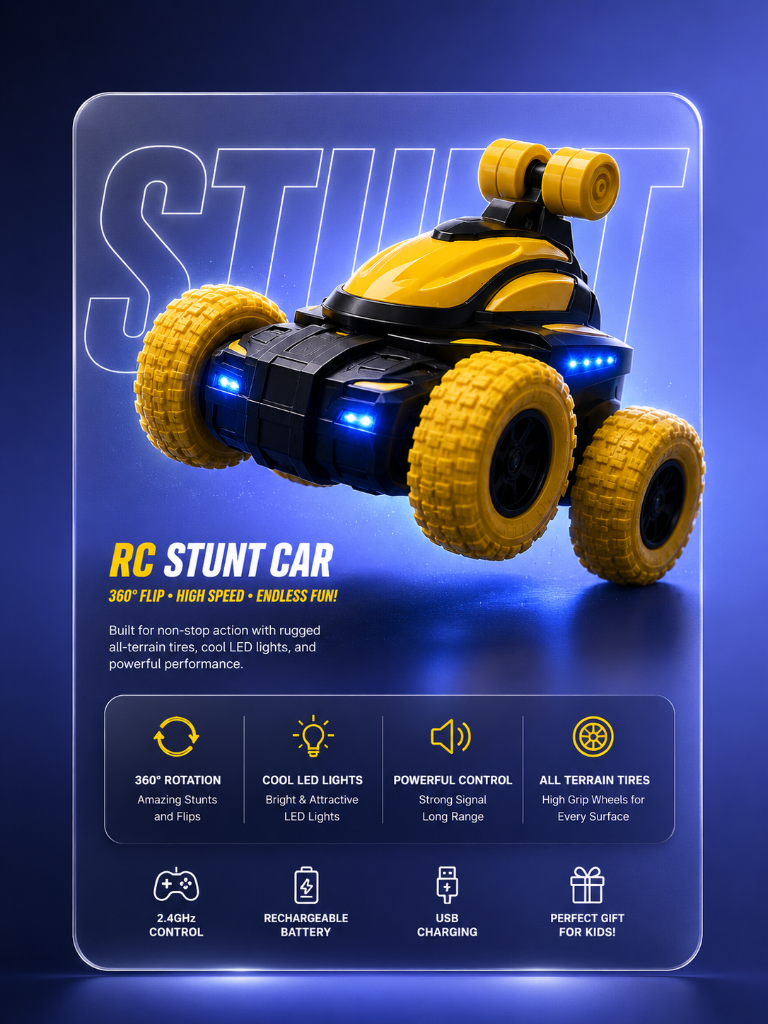 Premium 360° Flip RC Stunt Car with LED Lights & 2.4GHz Remote Control | Rechargeable All-Terrain Toy for Kids | Buy Online in India