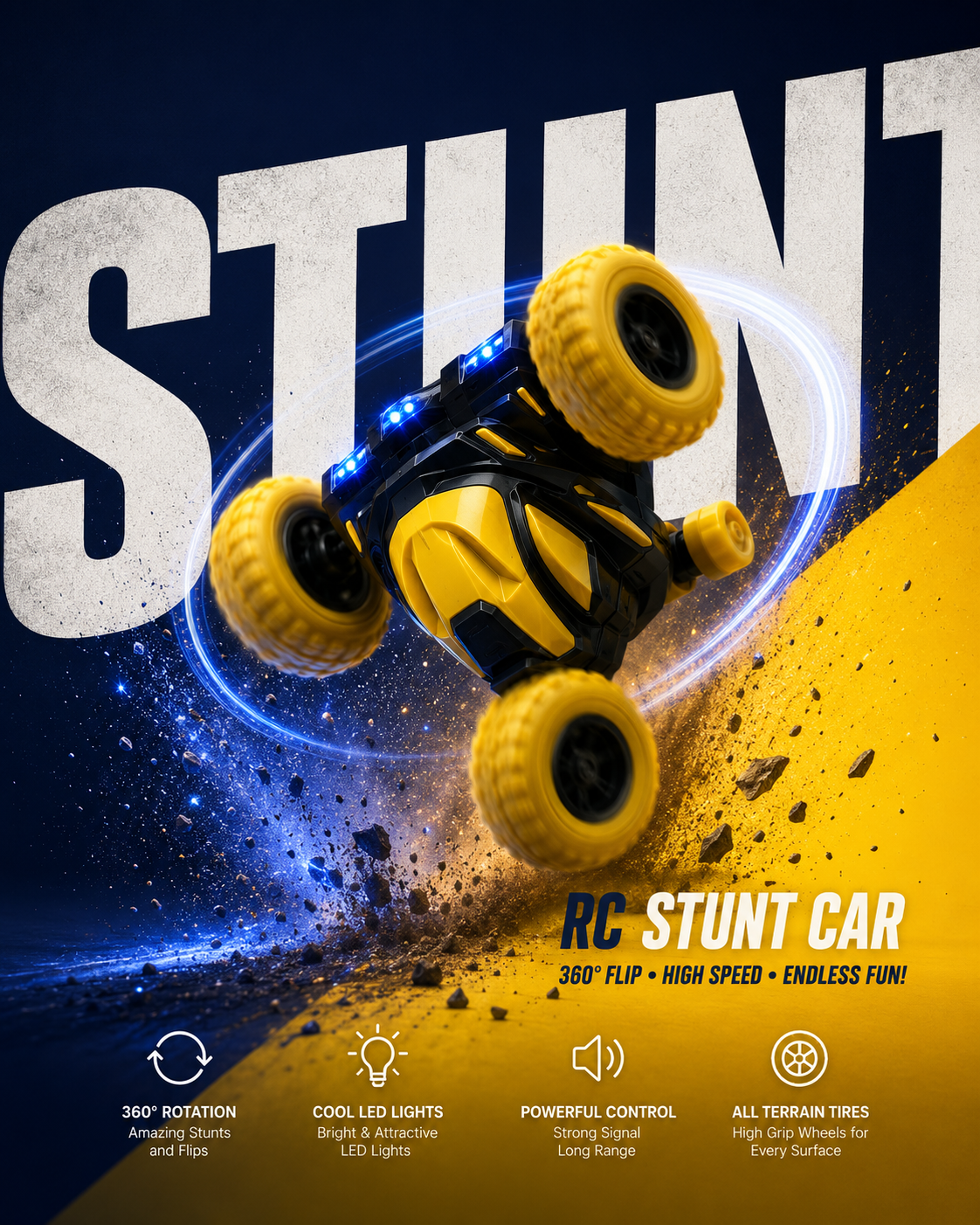 Premium 360° Flip RC Stunt Car with LED Lights & 2.4GHz Remote Control | Rechargeable All-Terrain Toy for Kids | Buy Online in India