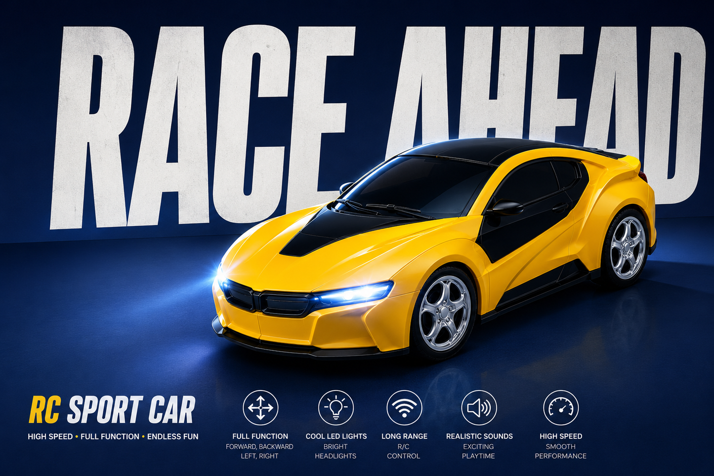 Premium High Speed RC Sports Car with LED Lights & Remote Control Toy for Kids | Yellow Racing Car | Buy Online in India