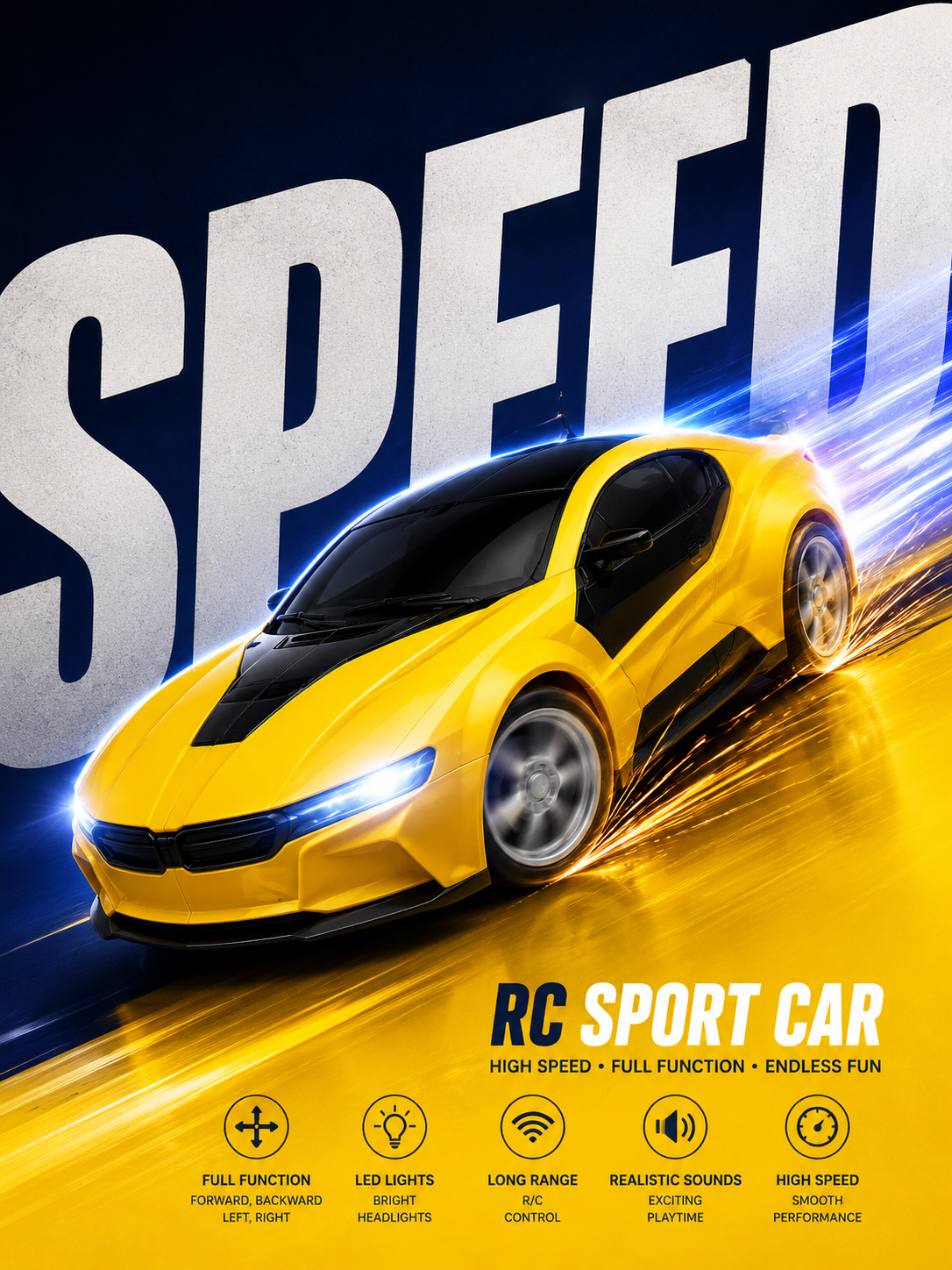 Premium High Speed RC Sports Car with LED Lights & Remote Control Toy for Kids | Yellow Racing Car | Buy Online in India