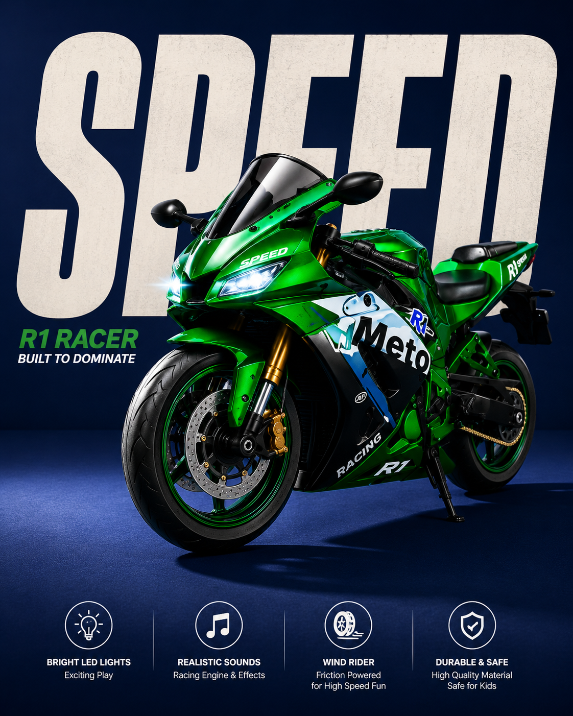 Premium Wind Rider Sports Motorcycle Toy with Lights & Sounds | Friction Powered Racing Bike for Kids | Green | Buy Online in India