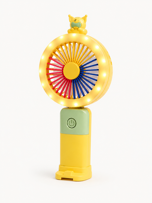 Premium Mini Rechargeable Handheld Fan with Colorful LED Lights | Portable USB Cooling Fan for Kids & Travel | Yellow | Buy Online in India