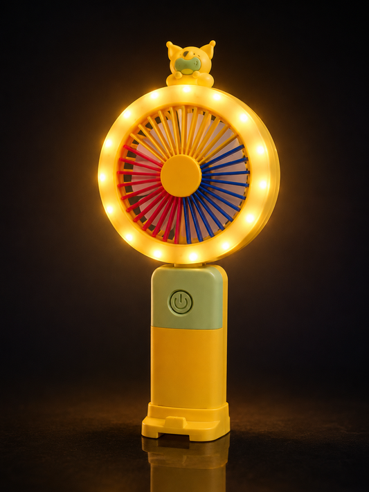 Premium Mini Rechargeable Handheld Fan with Colorful LED Lights | Portable USB Cooling Fan for Kids & Travel | Yellow | Buy Online in India