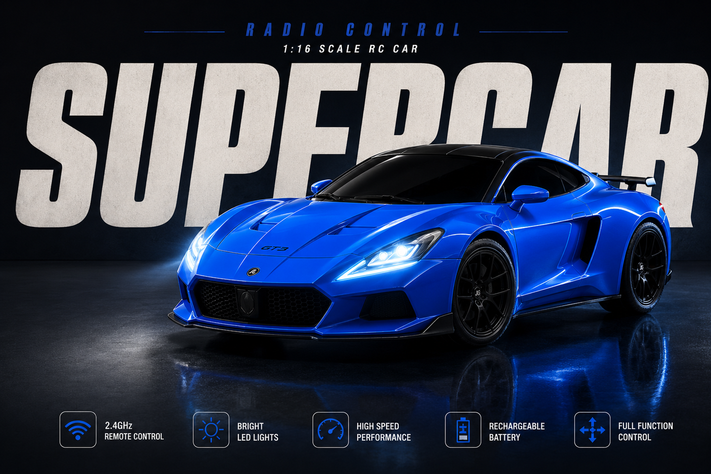 Premium 1:16 Scale RC Super Sports Car with 2.4GHz Steering Wheel Remote Control | Rechargeable High Speed Racing Car for Kids | Blue | Buy Online in India