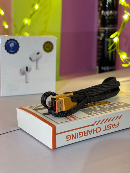 4-in-1 Flat Wire Fast Charging Cable – PD 27W Max | High-Speed Data Transfer | Multi-Device Compatible